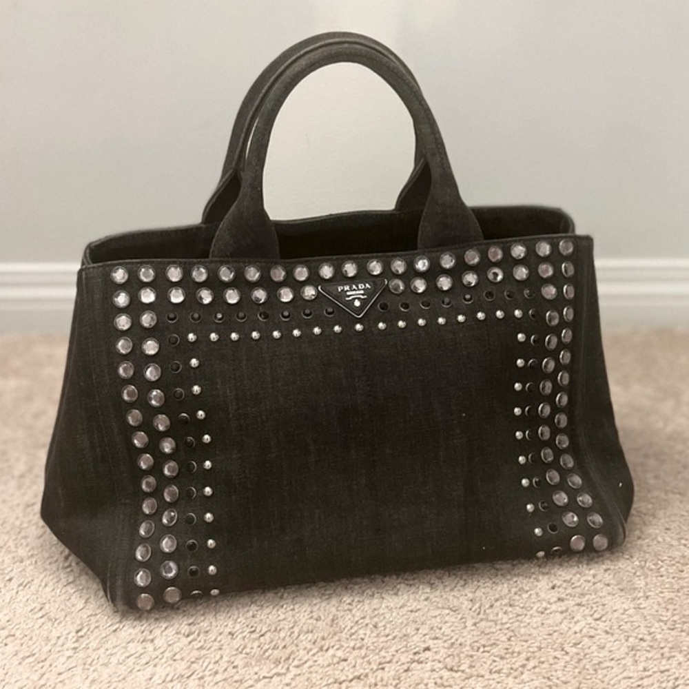 Prada Black Canapa Studded Canvas Tote Bag